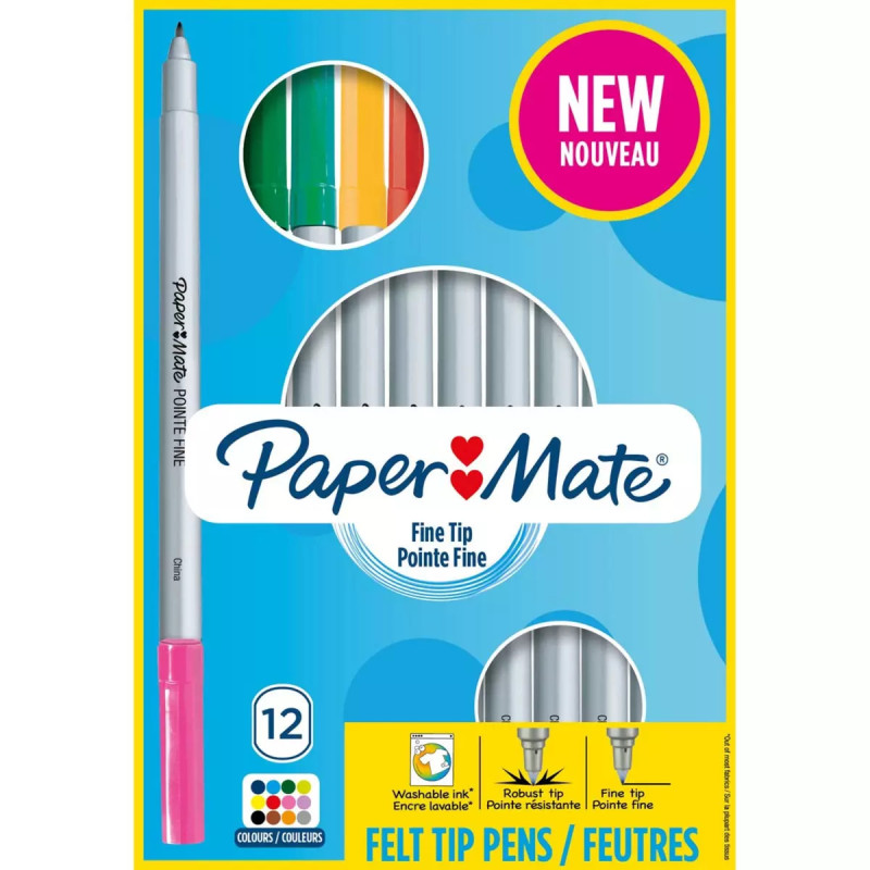 Feutres pointe fine 12 couleurs - Paper Mate Feutres pointe fine 12 couleurs - Paper Mate